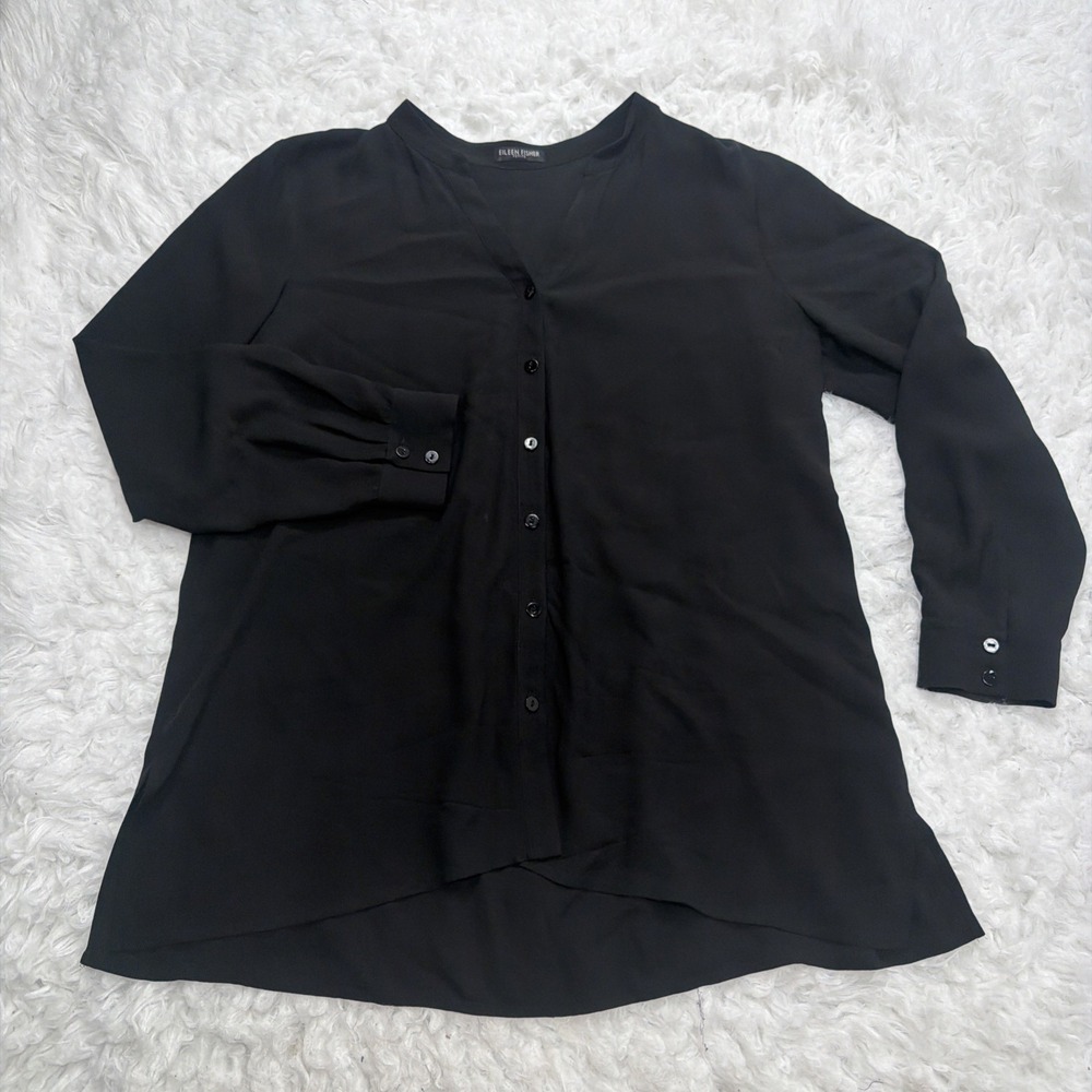 Eileen Fisher Top Blouse Black Button Up Silk Long Sleeve Womens Petite M L Read